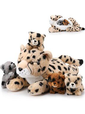 Adorable Stuffed Cheetah Family Set - Mommy & 4 Cubs, Lying Style Plush Toys